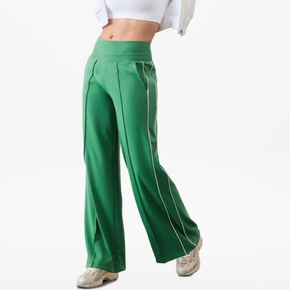 ATHLETA Green Venice High Rise Track Stripe Wide Leg Pant, Medium